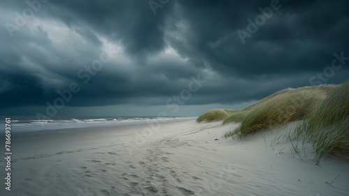 Wide shot of the sandy shore under dark stormy clouds. Landscapes photography