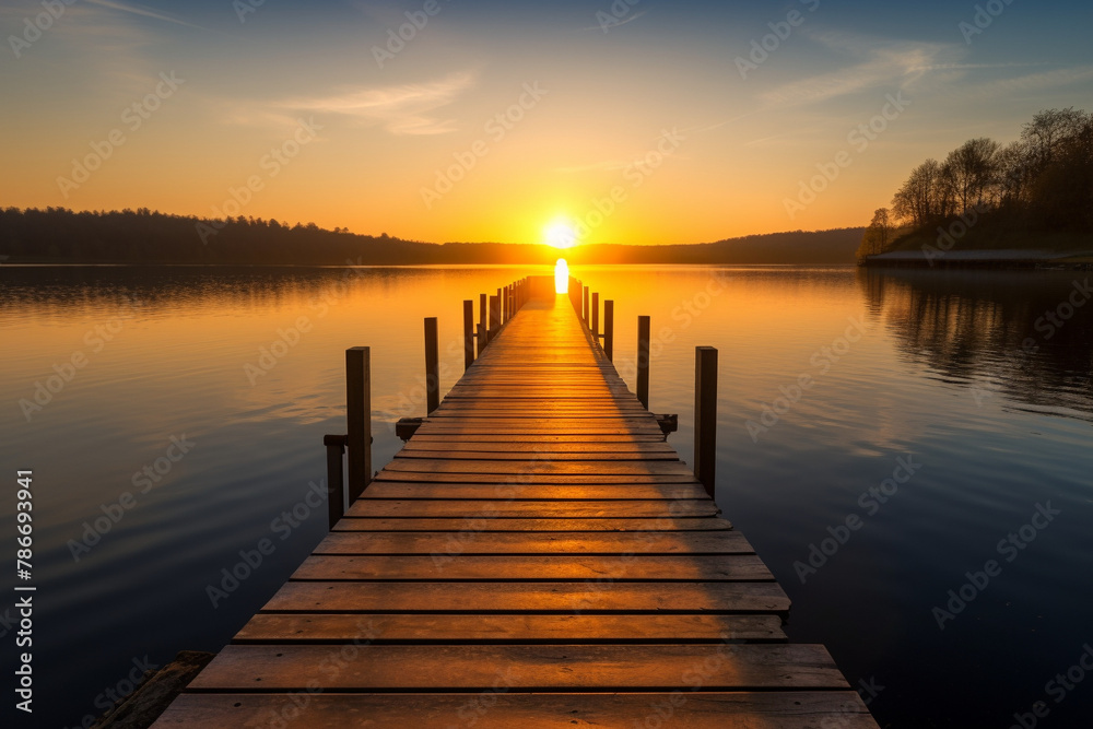 Sunset in the lake with jetty generative AI