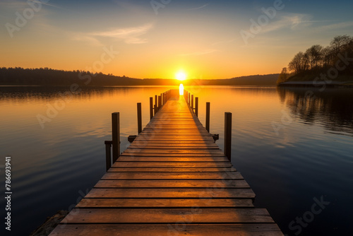 Sunset in the lake with jetty generative AI photo