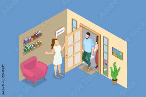 3D Isometric Flat Vector Illustration of Showing Apartment, Guest at a Threshold