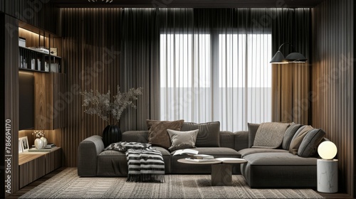 The interior design of the apartment in dark tones and minimal style. With dark wood materials and gray upholstered furniture with large windows and sheer curtains. bedroom 3d rendering