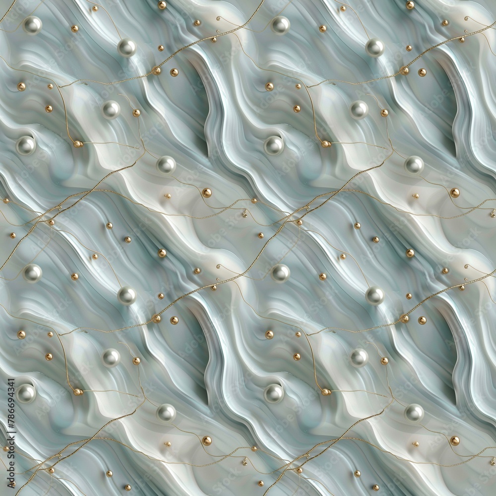 Fototapeta premium Seamless pattern with pearl beads on a marble background with gold threads. Textile pattern, print. 3D vector illustration for fabric design, scrapbooking, packaging. Jewelry background.