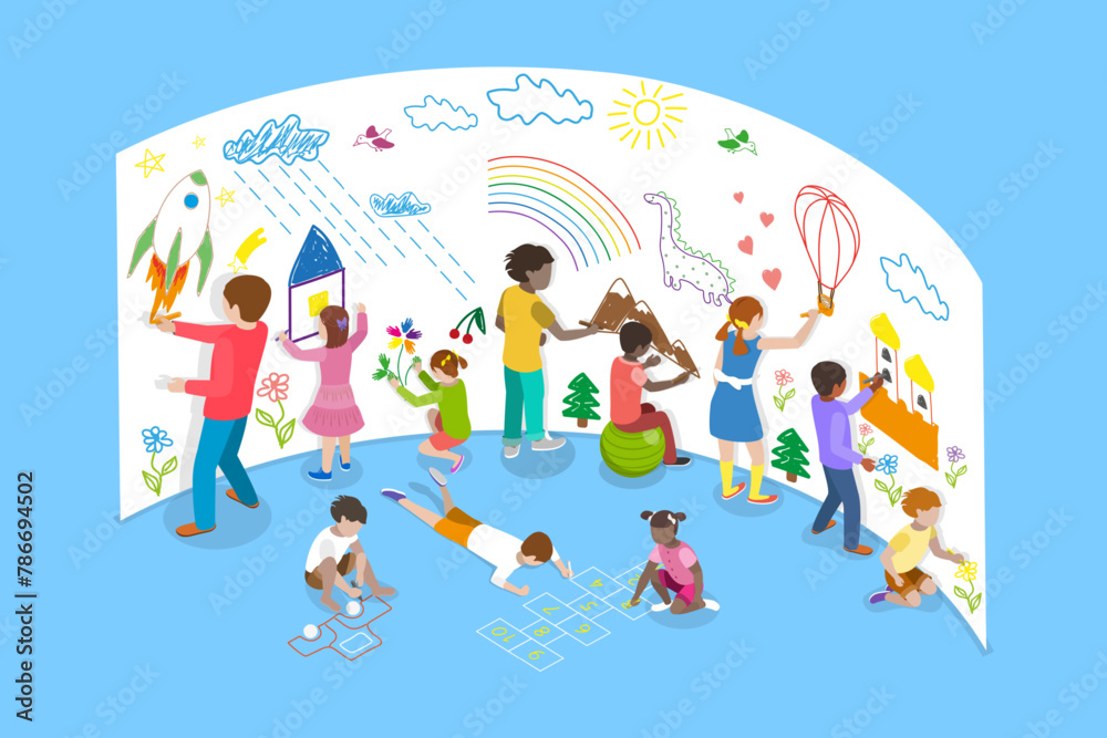 3D Isometric Flat Vector Illustration of Happy Creative Kids, Funny Cartoon Character 3D Isometric Flat Vector Illustration of Happy Creative Kids, Funny Cartoon Character