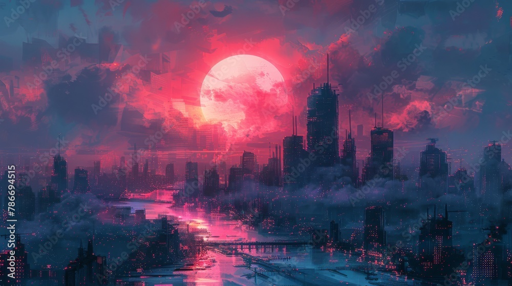 Futuristic cityscape with glowing red lights under a stormy sky