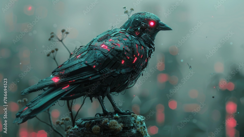 Visual Rbano Bird Futuristic mechanical bird with glowing red eyes on a gritty urban ...