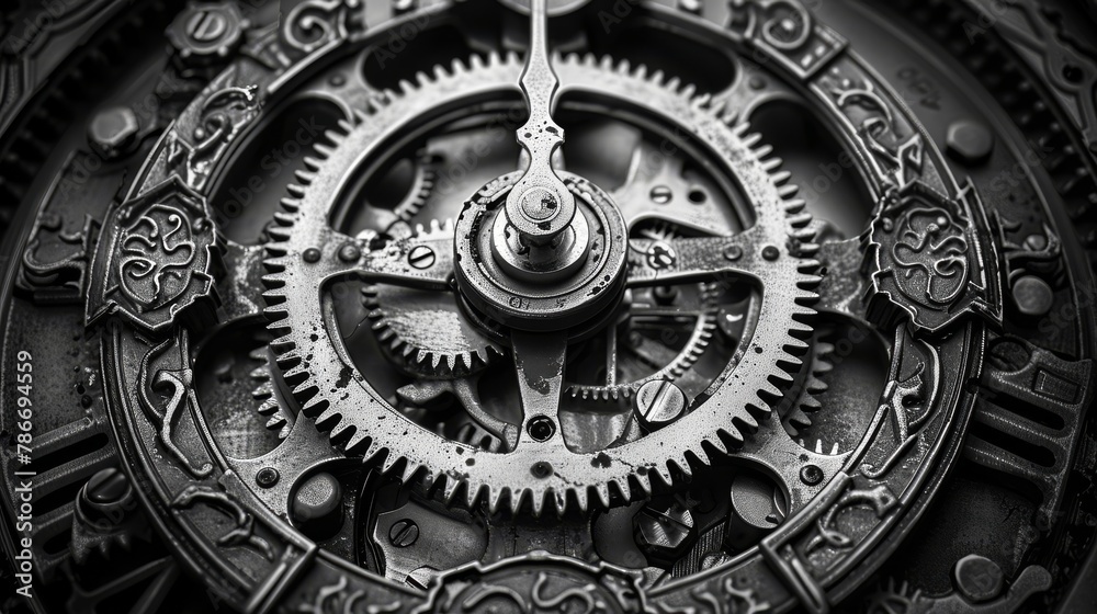 Intricate monochrome image of mechanical clock gears and cogs in close-up