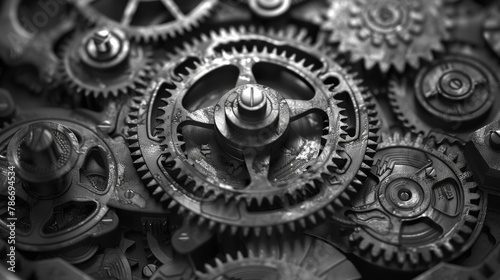 Intricate monochrome image of mechanical clock gears and cogs in close-up