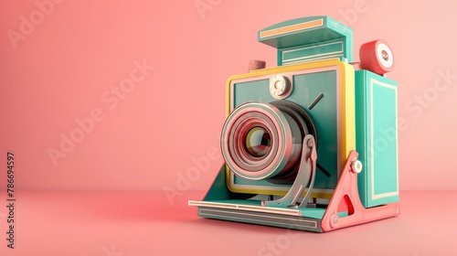 Colorful vintage camera on a pink background.-3d render.
