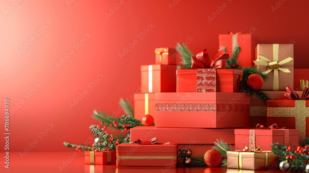 Naklejka premium Red a lot of gift box on a red background. 3d Rendering