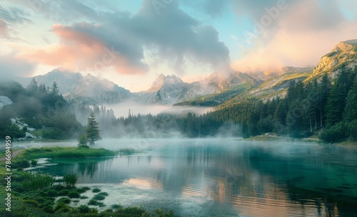 A beautiful mountain lake surrounded by a dense forest, foggy mountains in the background Generative AI