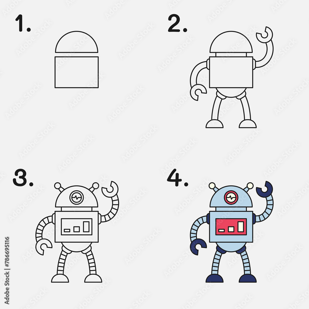 Easy step by step guide: drawing and coloring robot. Easy step by step guide: drawing and coloring robot.