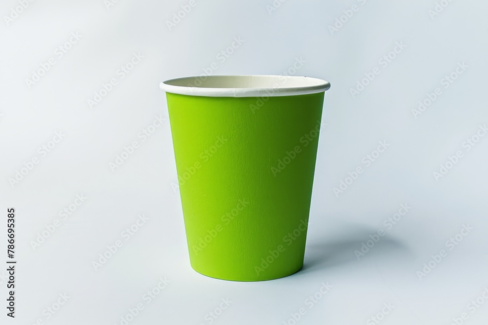 Simple green disposable paper cup isolated on a clean white background, a symbol of takeaway culture. Simple green disposable paper cup isolated on a clean white background, a symbol of takeaway culture.