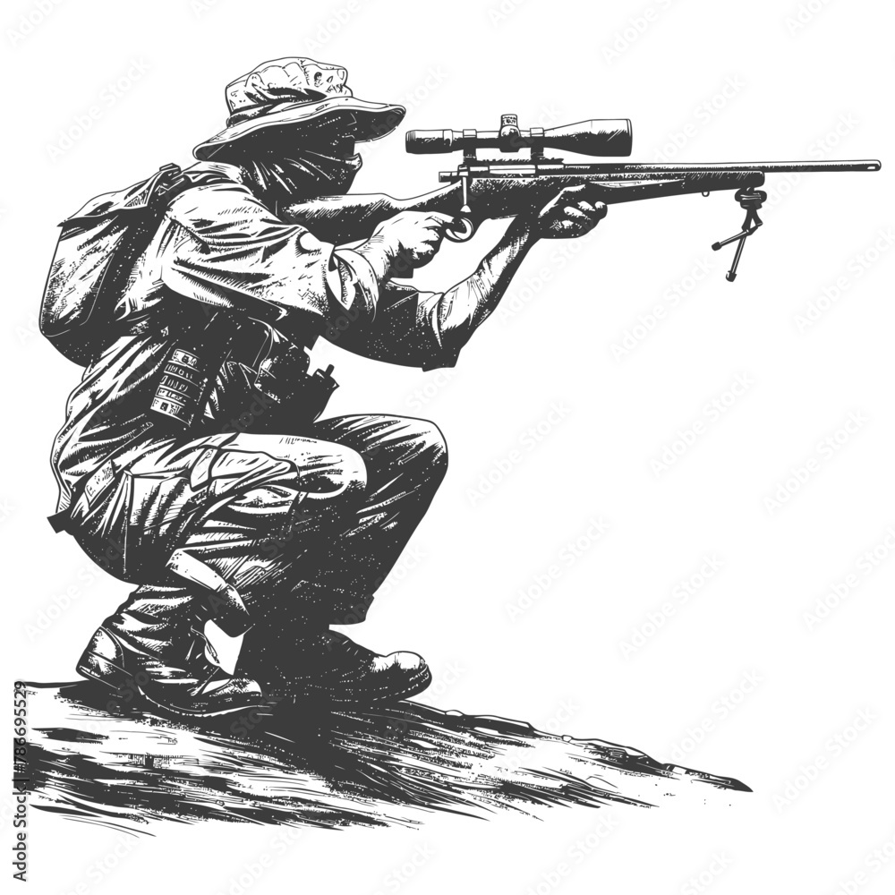 sniper army soldier in action full body image using Old engraving style sniper army soldier in action full body image using Old engraving style