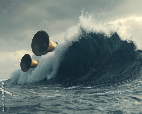 Dual Megaphones Emerging from a Roaring Sea Wave, Symbolizing the Amplification and Impact of Communicative Power, Generative AI