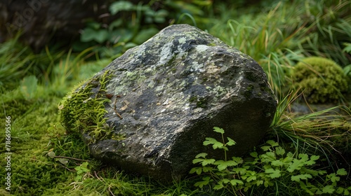 An isolated stone adorned with lush green moss, showcasing the beauty and serenity of nature. 