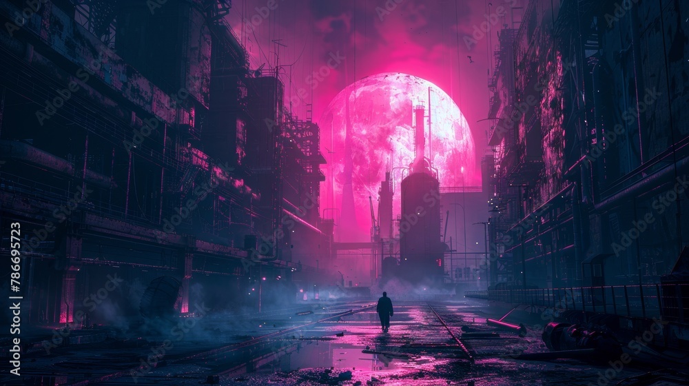 Surreal pink and purple clouds enveloping a fantasy cityscape