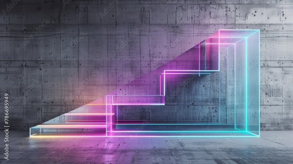 abstract holographic stairs with neon lighting in a concrete room. 3d render abstract holographic stairs with neon lighting in a concrete room. 3d render
