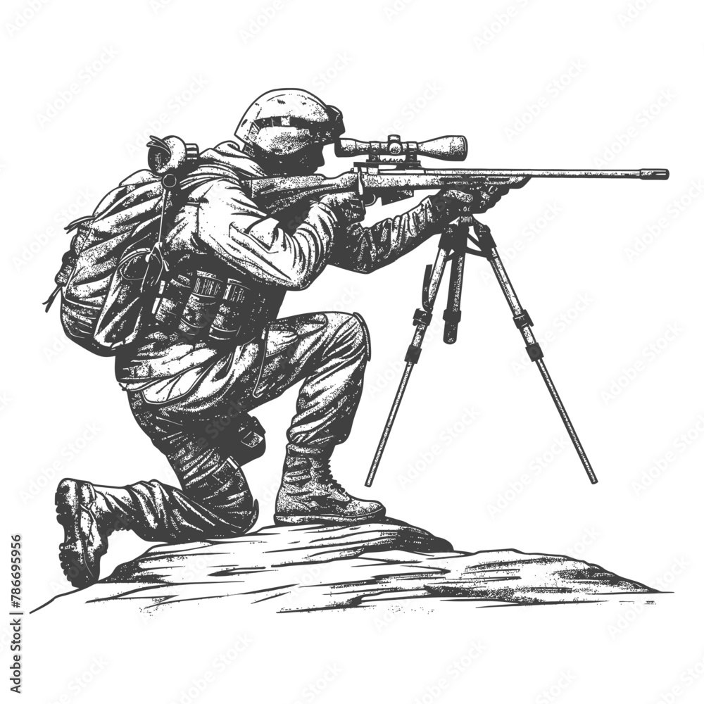 sniper army soldier in action full body image using Old engraving style sniper army soldier in action full body image using Old engraving style