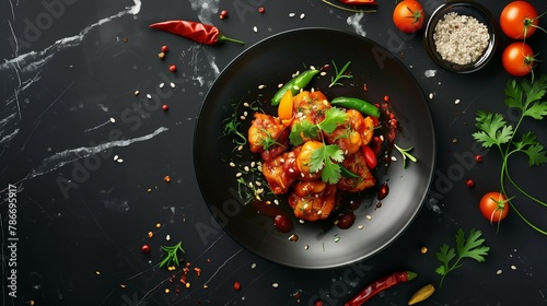 Top view Asian food with spice and herbs gourmet in black plate on dark stone marble table background