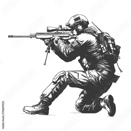 sniper army soldier in action full body image using Old engraving style