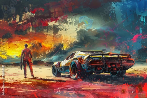 Oil painting illustration of mad max style heroes. One person near futuristic car. Post-apocalyptic photo