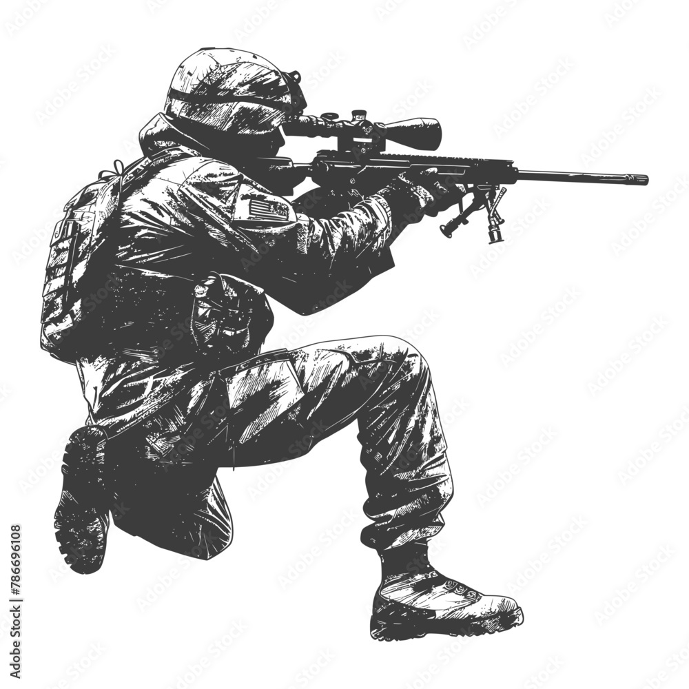 sniper army soldier in action full body image using Old engraving style sniper army soldier in action full body image using Old engraving style
