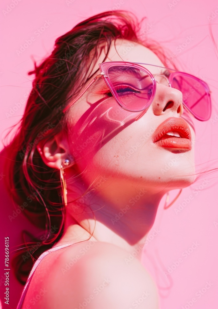 Portrait of girl kisses. Outdoors on a bright sunny day. Glasses and pink background. neon colour Portrait of girl kisses. Outdoors on a bright sunny day. Glasses and pink background. neon colour