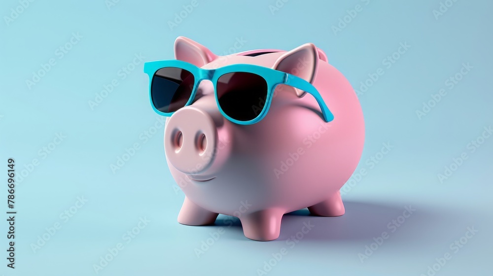 pink piggy bank with blue sunglasses on pastel blue background with soft shade. concept summer savings, vacation. 3d render pink piggy bank with blue sunglasses on pastel blue background with soft shade. concept summer savings, vacation. 3d render