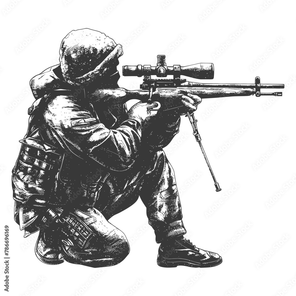 sniper army soldier in action full body image using Old engraving style sniper army soldier in action full body image using Old engraving style