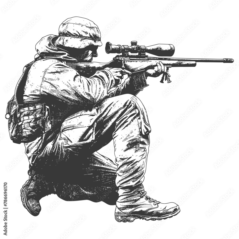sniper army soldier in action full body image using Old engraving style sniper army soldier in action full body image using Old engraving style