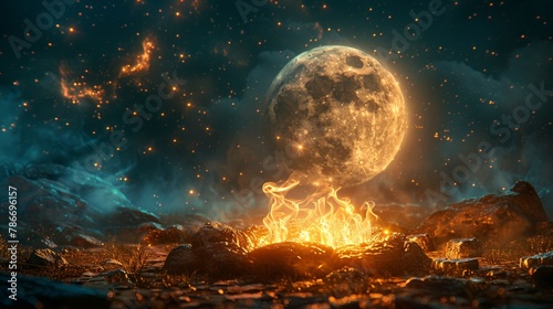 Mystical campfire under a sparkling crescent moon, magical night sky with glowing embers
