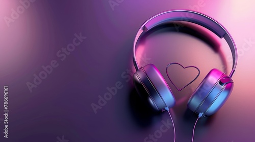 top view of headphones with heart-shaped cable on dark background with neon lighting and space for text. love for music. 3d render