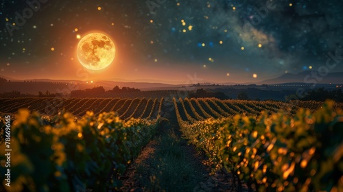 Magical night view of plush vineyards under a glowing full moon