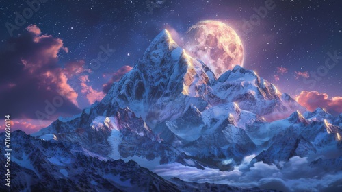 Majestic mountain pinnacle under a bright full moon and starry sky amid swirling clouds photo