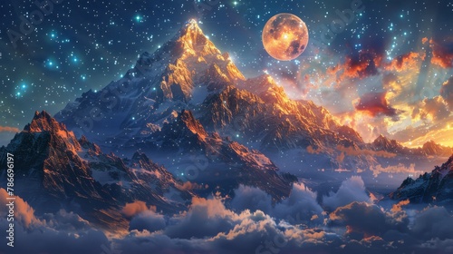 Majestic mountain pinnacle under a bright full moon and starry sky amid swirling clouds © Yusif