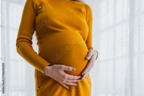 Pregnancy motherhood people expectation future. Pregnant woman hands touching big belly near window at home. Girl hugging her tummy enjoying pregnancy. Maternity tenderness parenthood new life concept