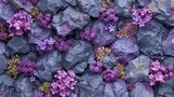Vibrant purple flowers scattered on rugged slate rocks, a harmonious blend of nature's textures