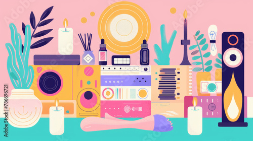 A colorful  illustrated collection of modern home items  including a speaker  camera  and plants on a pastel background
