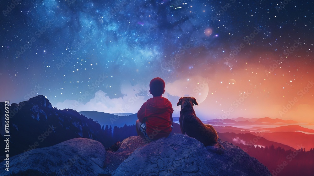 Fototapeta premium Young boy and big dog enjoying starry night sky on mountain cliff, cartoon style