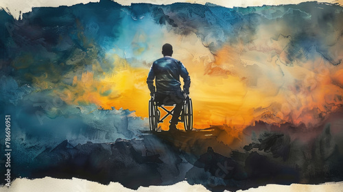 A realistic portrait painting of a man in a wheelchair, depicting a disabled individual sitting in a chair photo