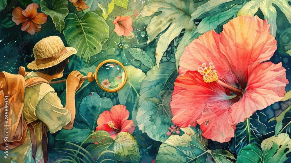 custom made wallpaper toronto digitalA painting depicting a person closely examining a flower through a magnifying glass, highlighting the details of the flowers structure