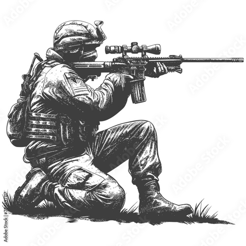 sniper army soldier in action full body image using Old engraving style
