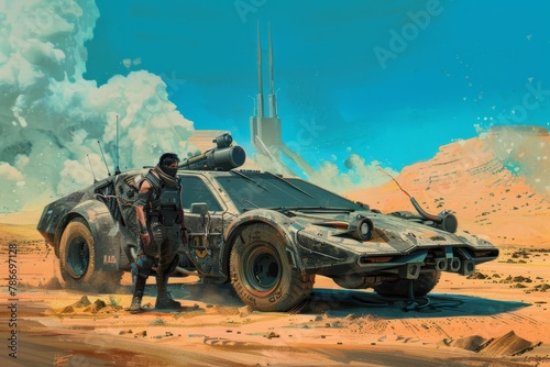 Oil painting illustration of mad max style heroes standing near futuristic car. Post-apocalyptic photo