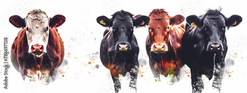 Three cows in a row, each with its own personality, watercolor painting, style, white background