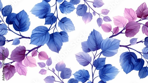 Elegant vine pattern with purple and blue leaves on a white background