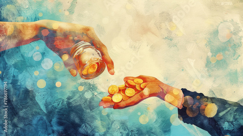 A generous gesture illustrated by one hand tipping a jar of coins into anothers palm, set against a vibrant watercolor background photo
