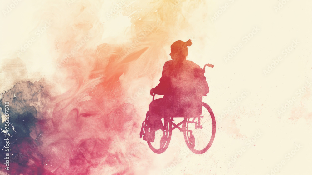 Fototapeta premium A striking silhouette of an individual seated in a wheelchair, set against a multicolored watercolor background that suggests motion and vitality