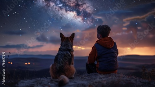 Boy and shepherd dog admire night sky on mountain cliff edge, rear view, peaceful moment under stars