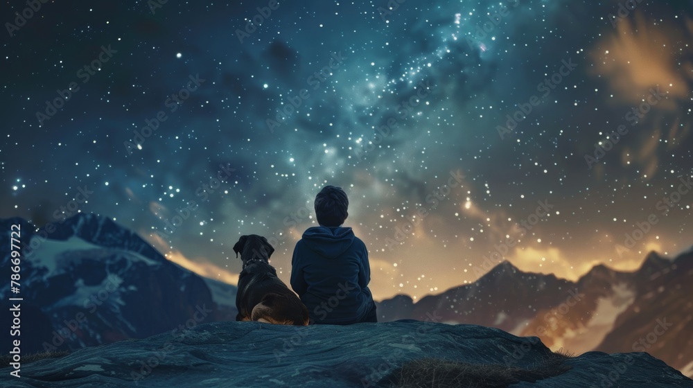Boy and dog stargazing on cliff edge in mountain wilderness under starry night sky