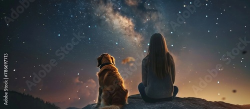 Young girl and dog gaze at starry sky on mountain cliff edge, under a sky filled with stars